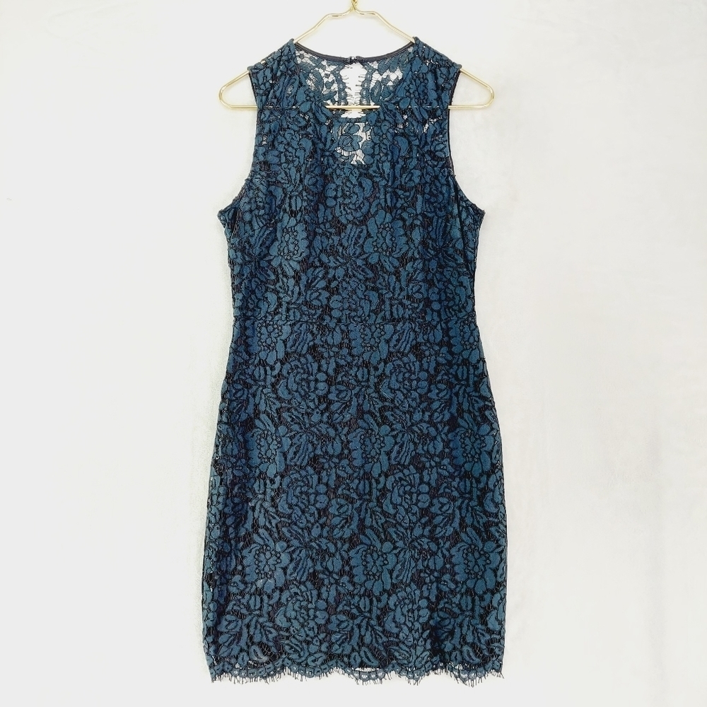 Banana Republic Teal Navy Blue Floral Lace Overlay Mini Dress P6996